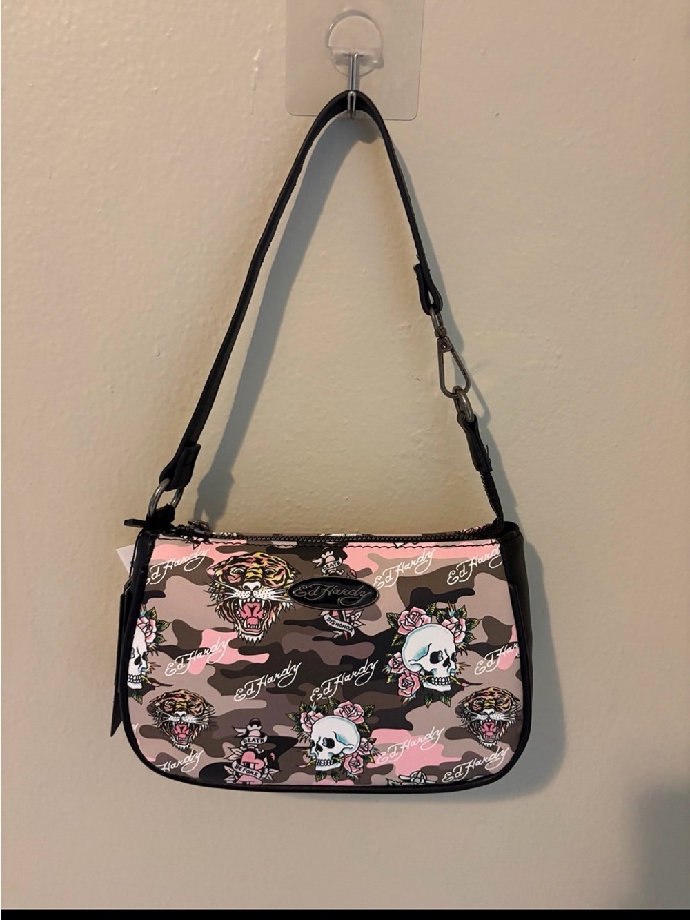 Ed Hardy Pink & Brown Camo Skull and Tiger Shoulder Bag
